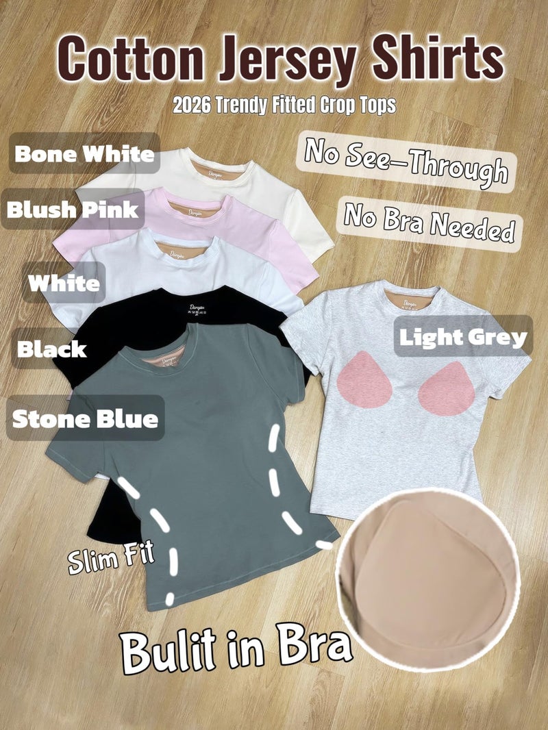 Danysu Basic Tops for Women with Built in Bra Cotton Jersey Short Sleeve T-Shirts Slim Fit Cute Gym Summer Clothes Light Grey Medium - Image 5