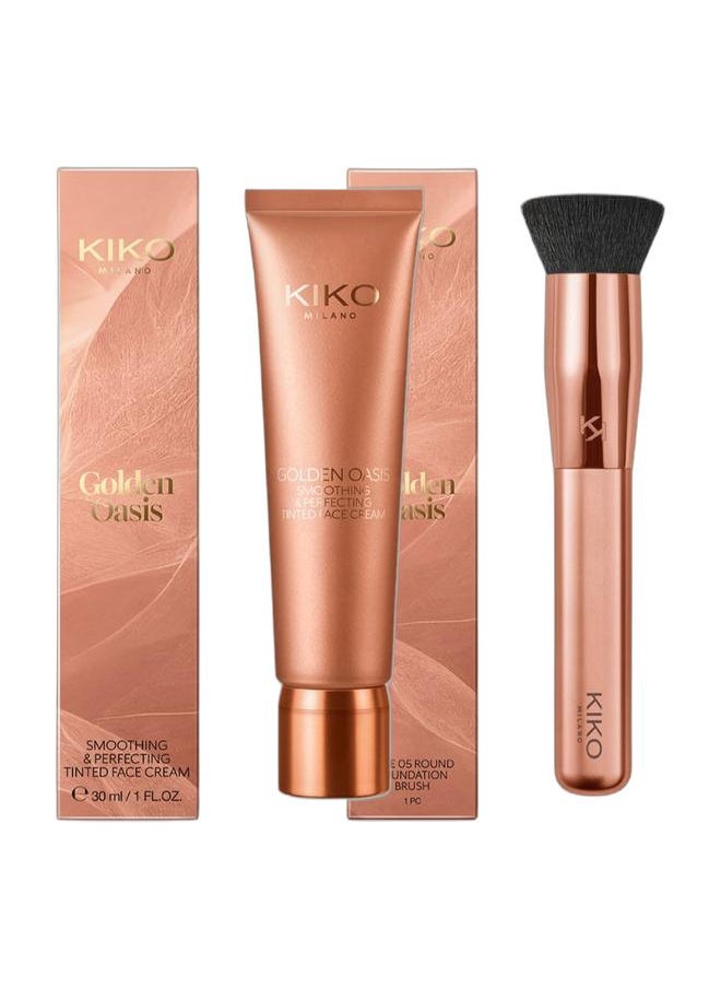 KIKO MILANO Golden Oasis Smoothing And Perfecting Tinted Face Cream 03 + Golden Oasis Face 05 Round Foundation Brush 01  - Image 1