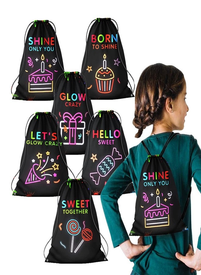 PERFQU 12 Pack Glow Party Supplies Favor Drawstring Bags for Kids' Birthday, Boys Girls Glow Neon Drawstring Backpack Bag as Loot and Goodie bags for Gifts, Treat, Candy or Theme Birthday Party Decorations - Image 1
