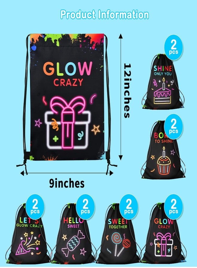 PERFQU 12 Pack Glow Party Supplies Favor Drawstring Bags for Kids' Birthday, Boys Girls Glow Neon Drawstring Backpack Bag as Loot and Goodie bags for Gifts, Treat, Candy or Theme Birthday Party Decorations - Image 4