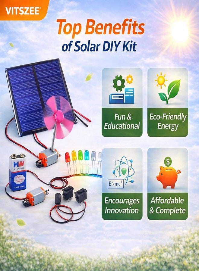 VITSZEE CHEMICALS FERTILIZERS VITSZEE DIY Solar Bettery Experiment Kit for Kid Educational DIY Science Project Kit | School Experiment, Physics Practical (Solar Plate, Bettery, Sound Buzzer, LEDs, Toy Motor, Fan, Switch, Wire) - Image 3