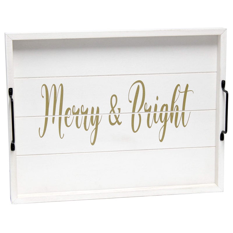 Elegant Designs HG2000WMB Christmas Decoration 1550 x 12 Decorative Wood Serving Tray wHandles White Wash Merry Bright