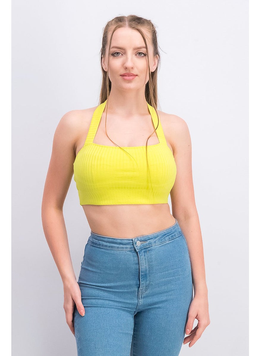 Etam Women Halter Neck Sleeveless Solid Crop Top, Yellow Green  - Image 1