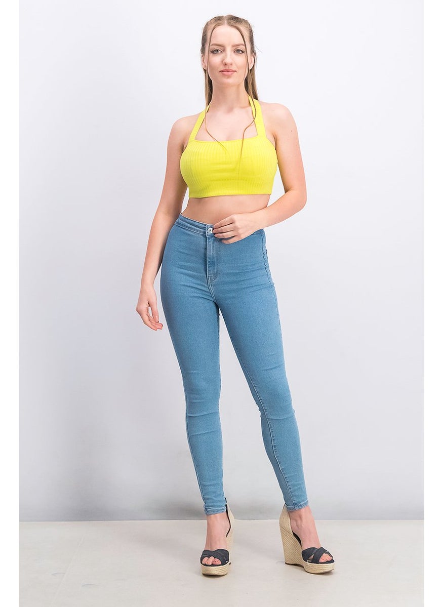 Etam Women Halter Neck Sleeveless Solid Crop Top, Yellow Green  - Image 3