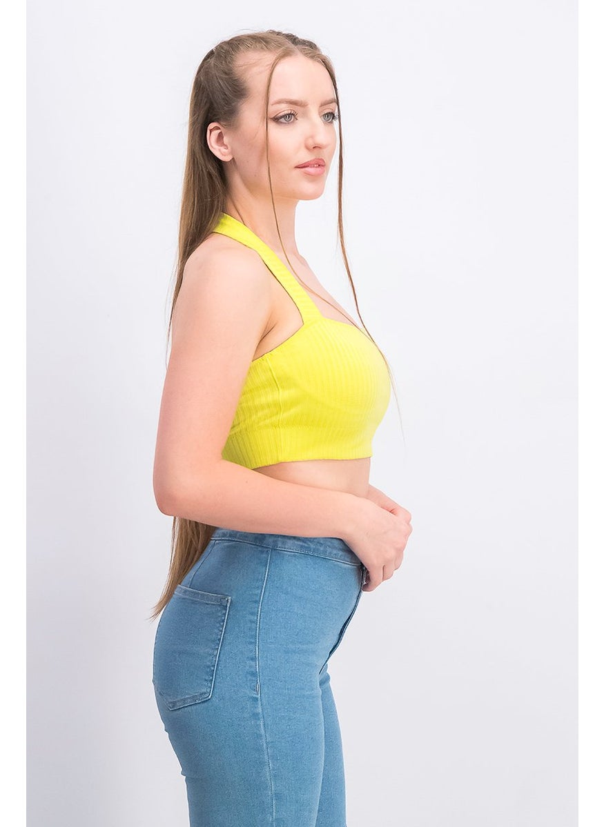 Etam Women Halter Neck Sleeveless Solid Crop Top, Yellow Green  - Image 2