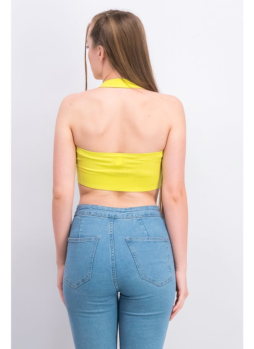 Etam Women Halter Neck Sleeveless Solid Crop Top, Yellow Green  - Image 4
