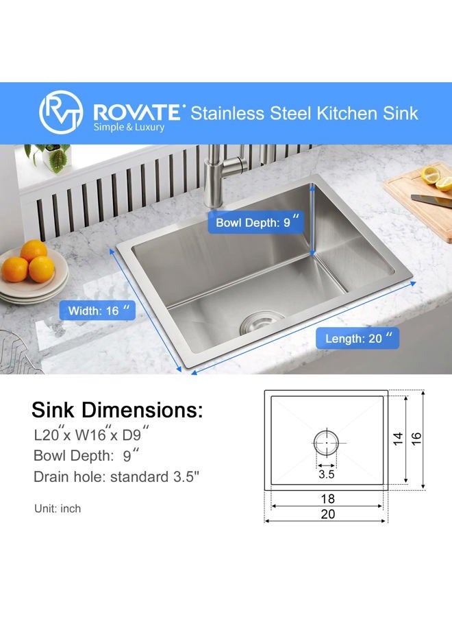 ROVATE 20 x 16 x 9 inch Kitchen Sink Undermount Single Bowl, Bar or Kitchen Sink Handmade, 304 Stainless Steel Kitchen Sinks with Strainer - Image 4