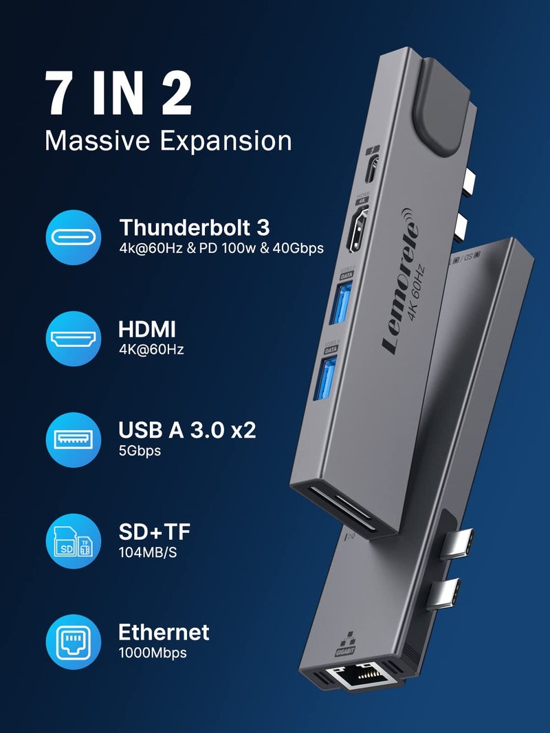 Lemorele USB C Docking Station for MacBook, 7 in 2 USB C Hub with Thunderbolt 3, Gigabit Ethernet, 4K@60Hz HDMI, 2*USB 3.0, SD/TF 3.0 Card Slots, Designed for MacBook Pro/Air M1 M2 2022 2021 2020.. - Image 2