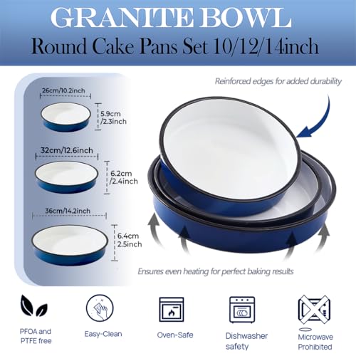 YAMMI TREE 3-Pack Enamel Roasting & Baking Pan Set 10/12/14 Inch Round Cake Pans, High Temperature Resistant Baking Dishes for Turkey Pizza Casseroles Oven Bakeware PFOA & PTFE Free Ideal Gift for Mom - CookWare - Image 3