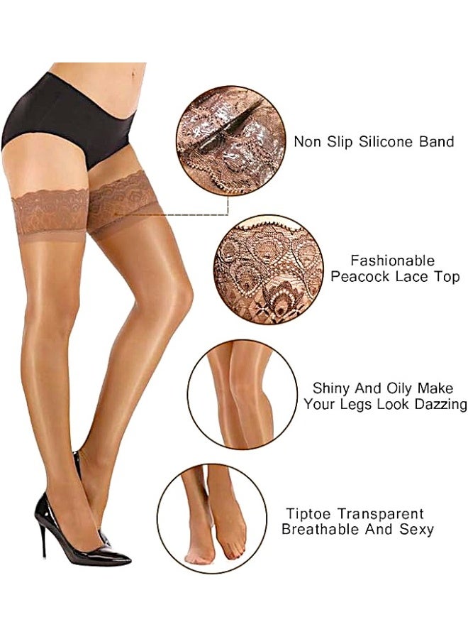 Vphom Women's Ultra-Shiny Thigh-High Stockings Silicone Lace-Top Stay-Up Glossy Sheer Tights - Image 3