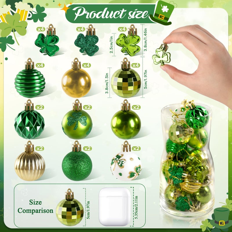 VABAMNA St Patrick's Day Shamrocks Ball Ornament Set, 36Pcs Green Gold Good Luck Clover Decorative Hanging Ball Ornaments Trefoil Hanging Bauble for Tree Table Shelf Home Decor Irish Decor - Image 3
