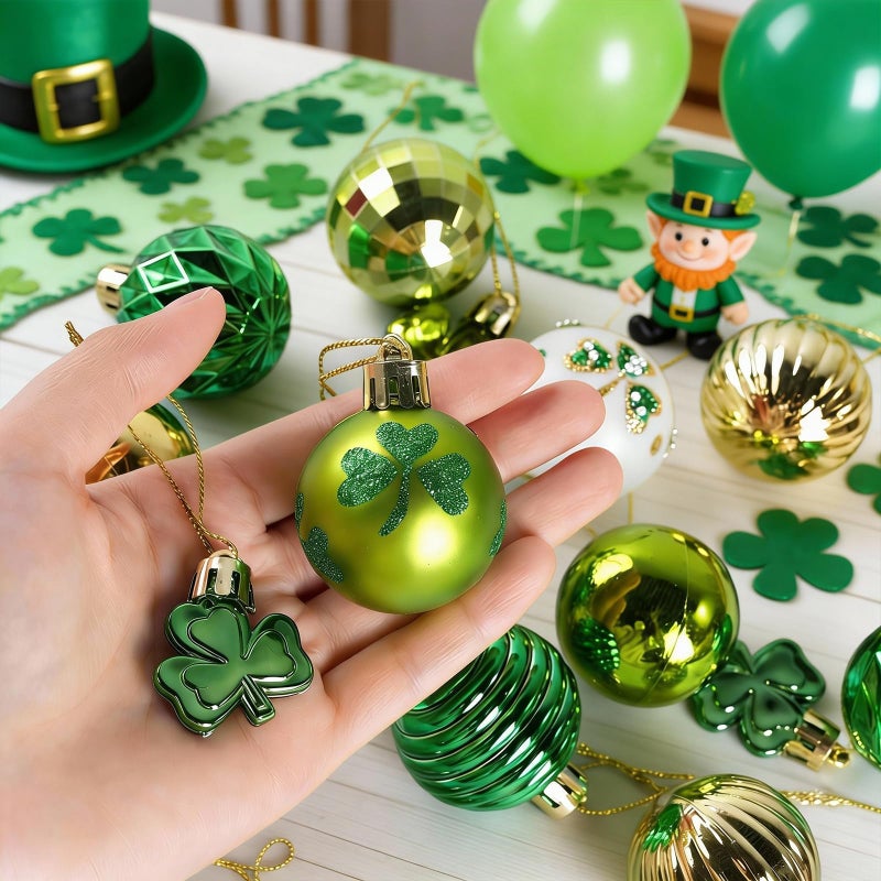 VABAMNA St Patrick's Day Shamrocks Ball Ornament Set, 36Pcs Green Gold Good Luck Clover Decorative Hanging Ball Ornaments Trefoil Hanging Bauble for Tree Table Shelf Home Decor Irish Decor - Image 5