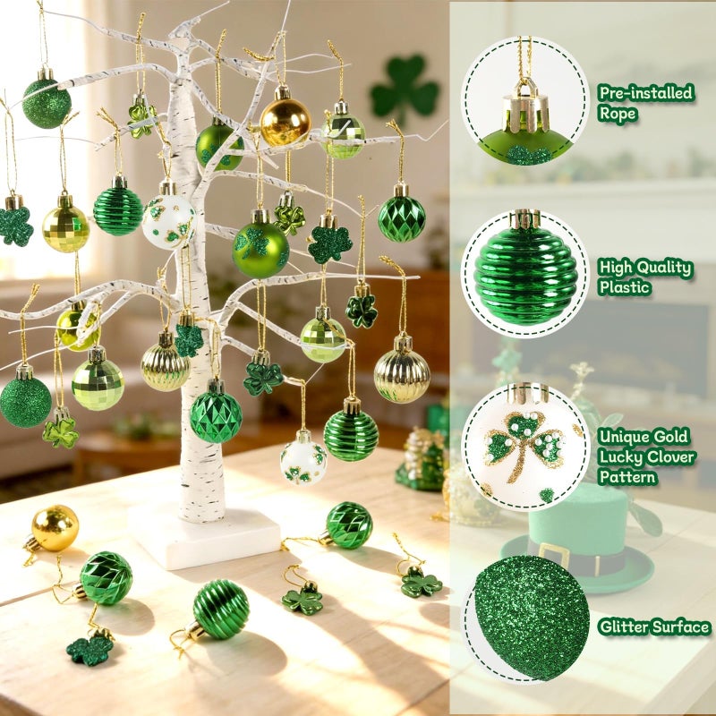 VABAMNA St Patrick's Day Shamrocks Ball Ornament Set, 36Pcs Green Gold Good Luck Clover Decorative Hanging Ball Ornaments Trefoil Hanging Bauble for Tree Table Shelf Home Decor Irish Decor - Image 4