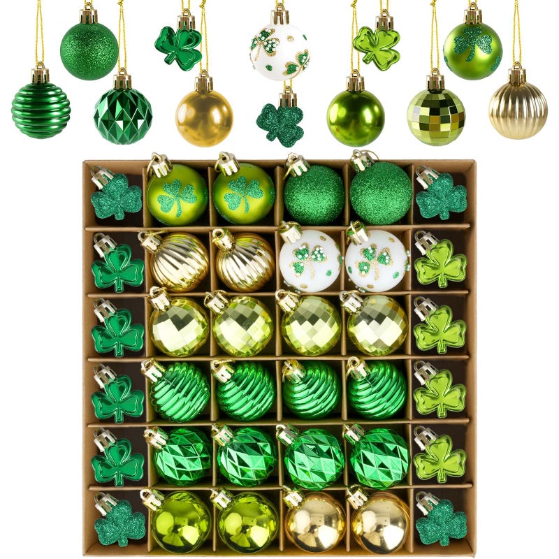 VABAMNA St Patrick's Day Shamrocks Ball Ornament Set, 36Pcs Green Gold Good Luck Clover Decorative Hanging Ball Ornaments Trefoil Hanging Bauble for Tree Table Shelf Home Decor Irish Decor - Image 1