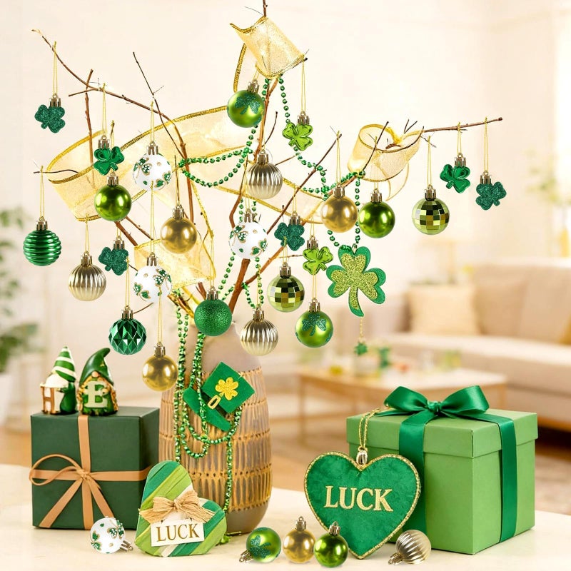 VABAMNA St Patrick's Day Shamrocks Ball Ornament Set, 36Pcs Green Gold Good Luck Clover Decorative Hanging Ball Ornaments Trefoil Hanging Bauble for Tree Table Shelf Home Decor Irish Decor - Image 2