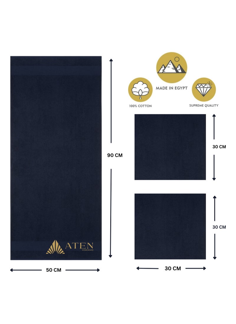 Aten Homeware ATEN Homeware 3 Piece Egyptian Cotton Bath Towels Set - 1 Extra Large Hand Towel 50 x 90 cm and 2 Face Towels 30 x 30 cm - Super Soft & Highly Absorbent, Quick Dry Towels (Navy)  - Image 5
