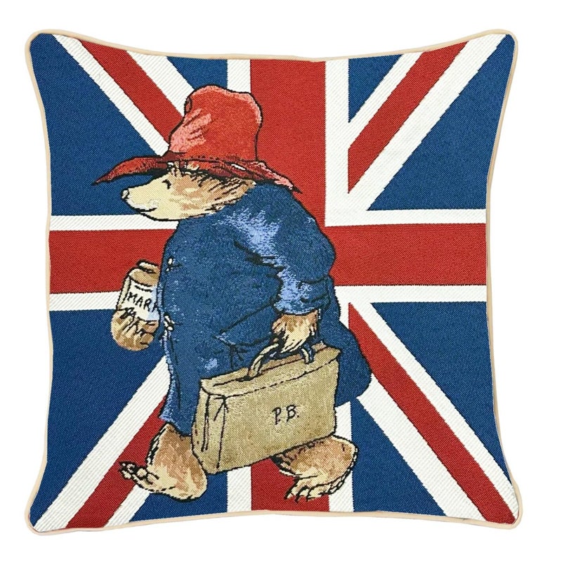 Signare Tapestry Cushion Cover  Union Jack Paddington Bear Design 45x45cm DoubleSided Decorative Sofa Cushion with Piped Edges