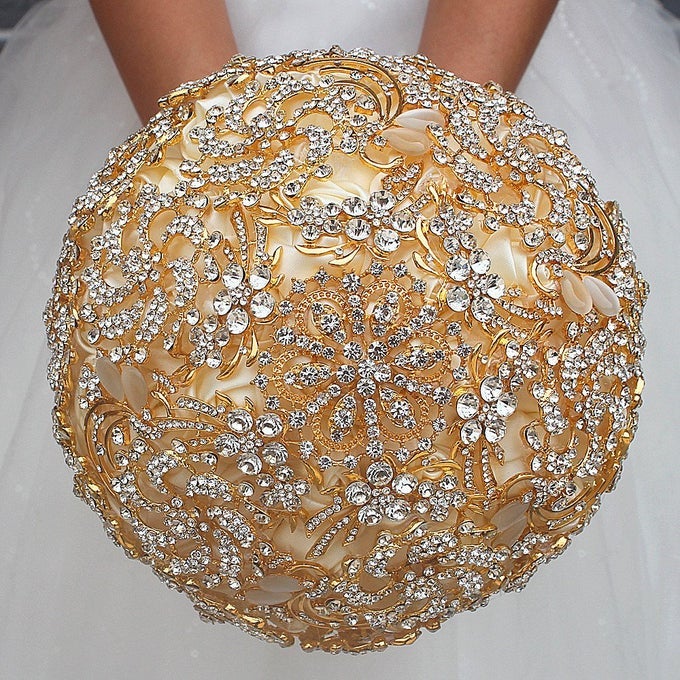 Wedding Bouquet with Golden Luxury Artificial DiamondSet Including Bouquets Wrist FlowersCorsage for Your Wedding with Full HandMade GoldIvory