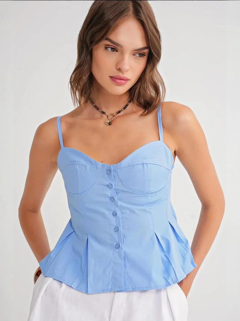 Mixray Maya Blue Sweetheart Neck Button-Front Peplum Cami Top for Women | Best Price UAE