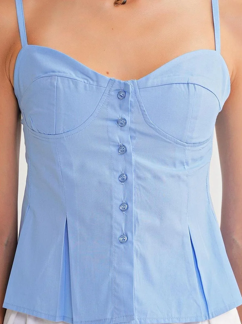 Mixray Maya Blue Sweetheart Neck Button-Front Peplum Cami Top for Women | Best Price UAE