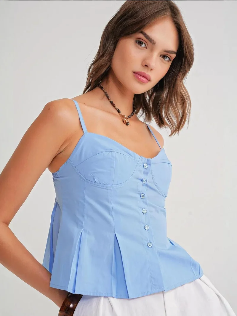 Mixray Maya Blue Sweetheart Neck Button-Front Peplum Cami Top for Women | Best Price UAE