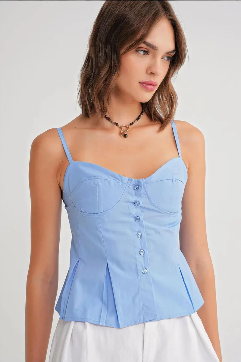 Mixray Sweetheart Neck Button-Front Peplum Cami Top