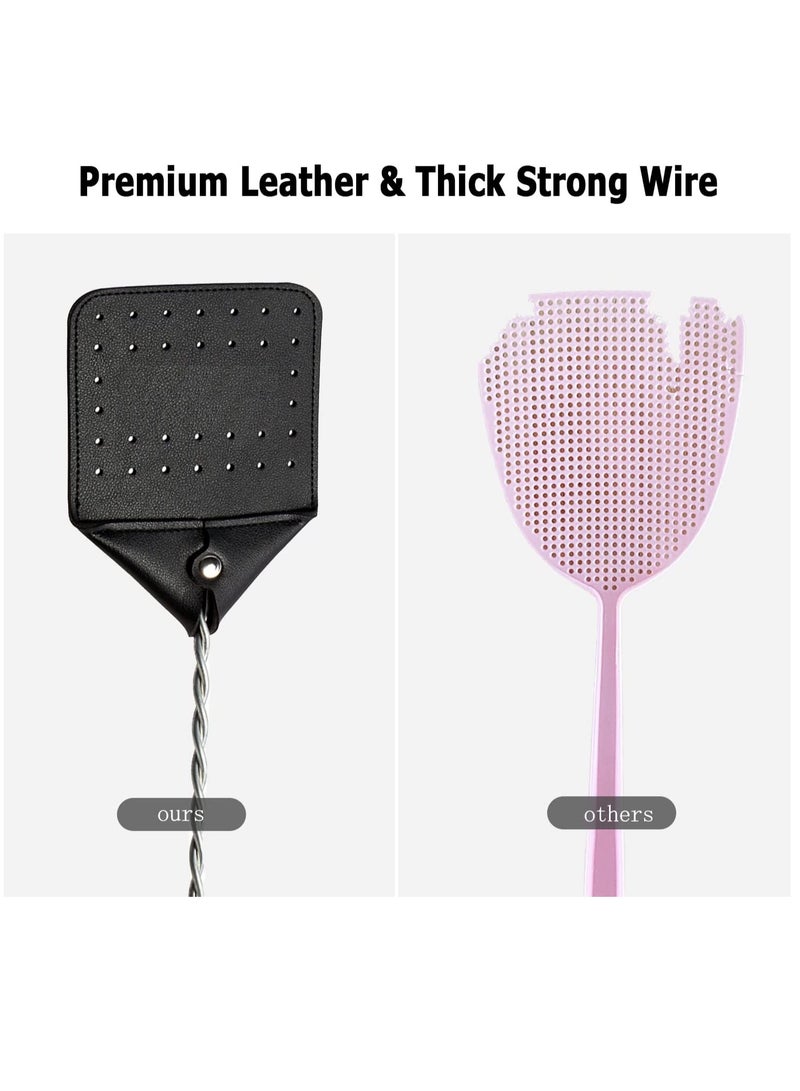 Durable 17.5” Leather Fly Swatter - Heavy Duty Bug Swatter with Sturdy Metal Handle, Perfect for Flies, Bees, and More - Black (Set of 2) - Image 3