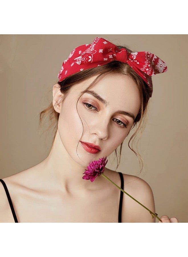 Lvyeer Paisley Print Wide Bow Headbands For Women Bandana Rabbit Ear Elastic Hairband Cute Knot Headbands Hair Accessories (Style 1: (Red, White, Navy, Black) - Image 2