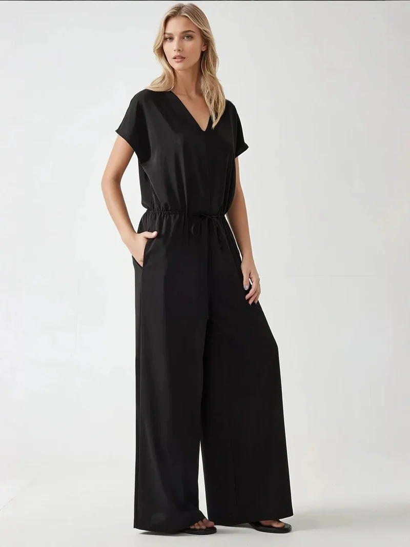 HICCUP Black Wide Leg V-Neck Jumpsuit for Women | Best Price UAE