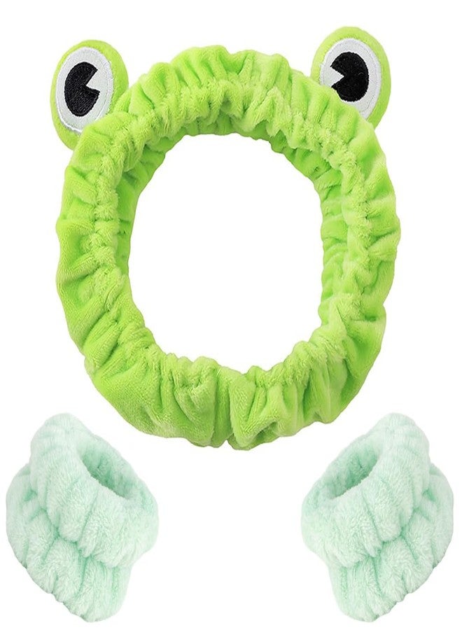 AHONEY Frog Headband Skin care Headbands and Wristbands Cute Spa Wrist Band Fluffy Hand Cuffs Women Girls Kids Facial Makeup Accessories Costume Party Supply Birthday Gift (Frog) - Image 1
