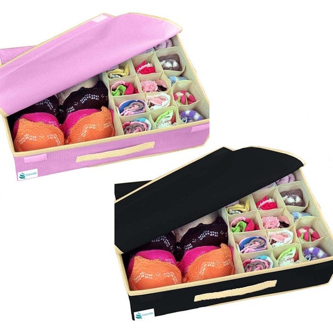 LINGERIE ORGANIZER 15 PLUS 1 COMPARTMENT CELL FOLDABLE LINGERIE STORAGE BOX WITH LID NON WOVEN DRAWER DIVIDERS PACK OF 2 1PINK 1BLACK