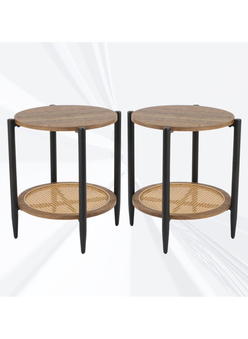 بكسل للأثاث مجموعة 2 طاولة دائري جانبية طبقتين من بكسل الأثاث للقهوة بسطح من الخشب وبرف سفلي من الرتان وبأطراف من المعدن, مناسبة لغرفة المعيشة, الشرفة, الحديقة طاولة جانبية متينة - Image 1