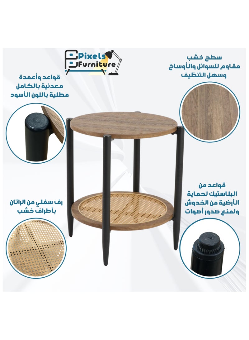 بكسل للأثاث مجموعة 2 طاولة دائري جانبية طبقتين من بكسل الأثاث للقهوة بسطح من الخشب وبرف سفلي من الرتان وبأطراف من المعدن, مناسبة لغرفة المعيشة, الشرفة, الحديقة طاولة جانبية متينة - Image 2