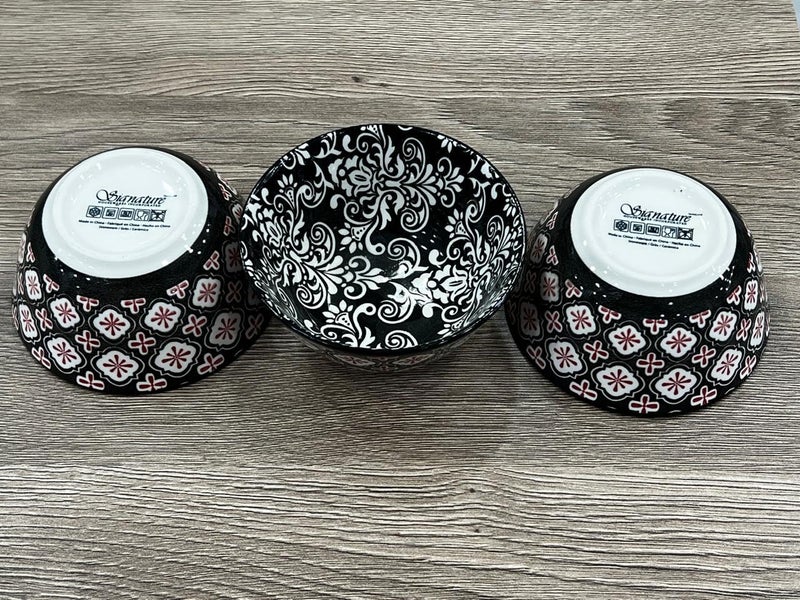 Generic Decorative Ceramic Bowls Set, 12 cm Diameter, Black and White with Red Pattern, Set of 3. - Image 2