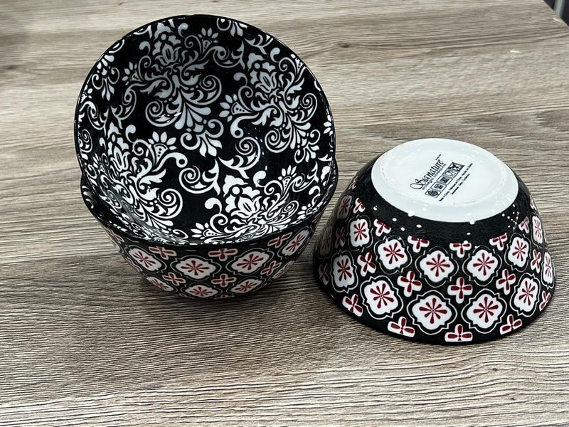 Generic Decorative Ceramic Bowls Set, 12 cm Diameter, Black and White with Red Pattern, Set of 3. - Image 1
