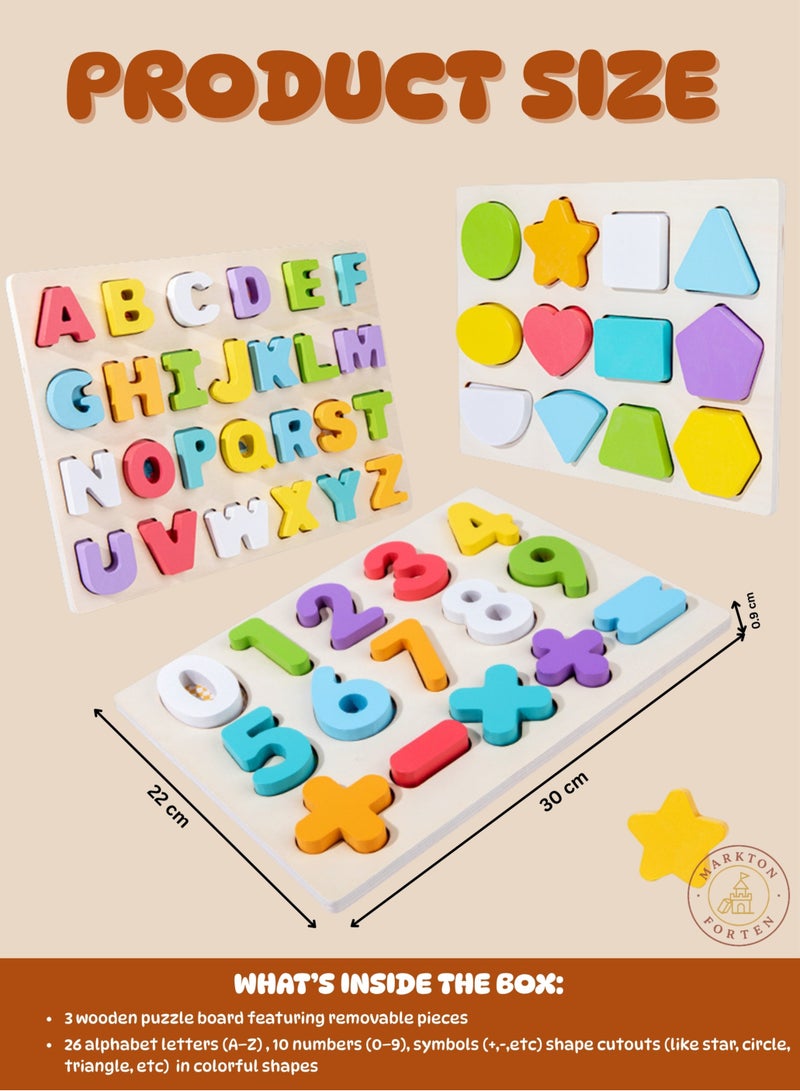 Wooden Alphabet Number Shape Puzzle Board for Kids (3 Pack) - Montessori Learning Toys with Letters, Numbers, Math Symbols  Colorful Shapes - Educational Indoor Outdoor Activity for Toddlers Age 3+ - Image 4