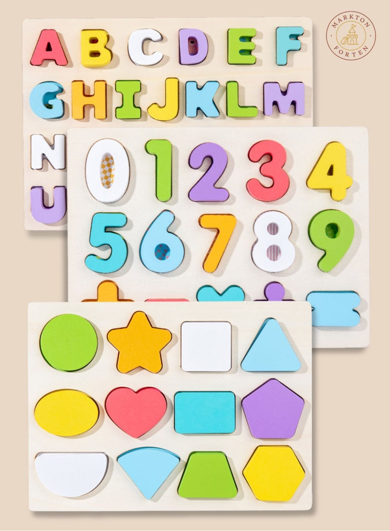 Wooden Alphabet Number Shape Puzzle Board for Kids (3 Pack) - Montessori Learning Toys with Letters, Numbers, Math Symbols  Colorful Shapes - Educational Indoor Outdoor Activity for Toddlers Age 3+ - Image 2
