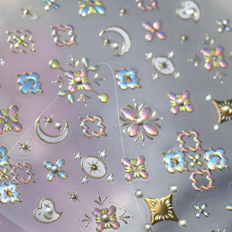 Quezadyl 5 Sheets Bohemian Style Nail Decals Embossed Flower Star Nail Art Stickers 5D Self-Adhesive Metallic Lace Lines Bohemia Carving Floral Nail Designs Star Flower Nails Decoration for Women Nail Supplies - Image 4