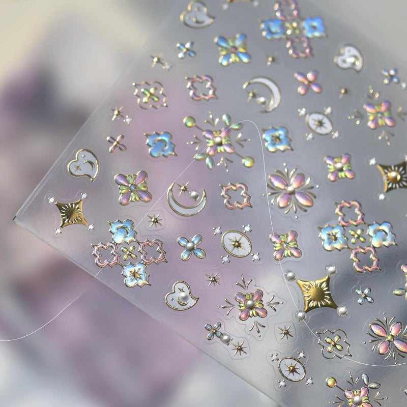 Quezadyl 5 Sheets Bohemian Style Nail Decals Embossed Flower Star Nail Art Stickers 5D Self-Adhesive Metallic Lace Lines Bohemia Carving Floral Nail Designs Star Flower Nails Decoration for Women Nail Supplies - Image 3