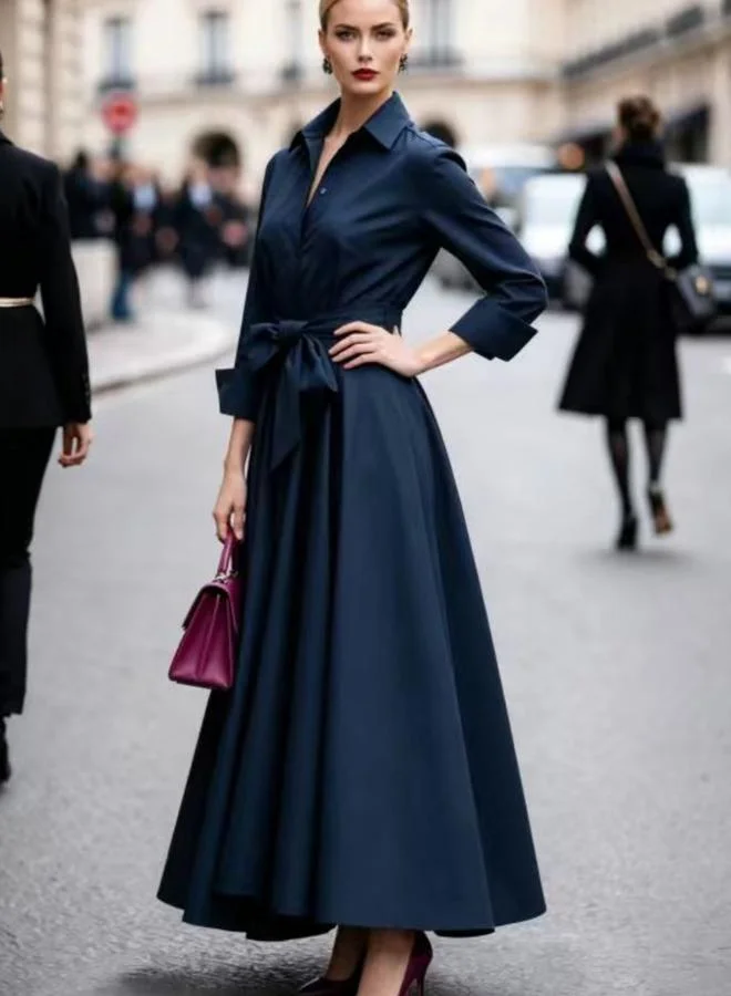Take Two Dark Blue Solid Tie-Up Waist Shirt Maxi Dress
