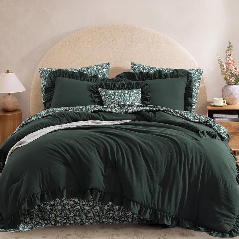 BLOOMHAVEN Queen Comforter Set - 7 Pieces Ruffle Forest Green Bedding Sets, Shabby Chic Farmhouse Bed in a Bag with Ruffle Comforter, Floral Sheets, Pillowcases & Shams - Image 1