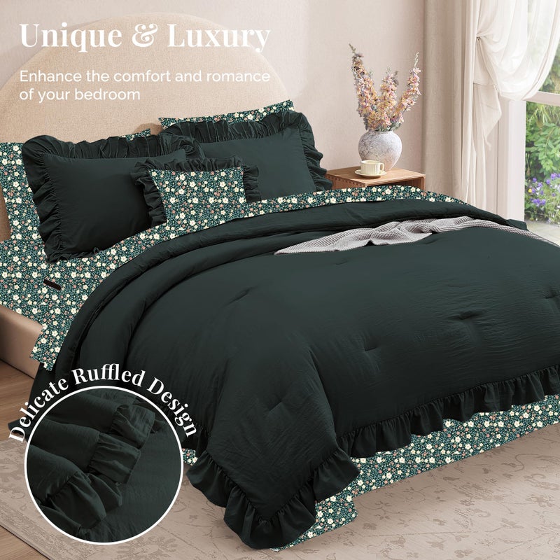 BLOOMHAVEN Queen Comforter Set - 7 Pieces Ruffle Forest Green Bedding Sets, Shabby Chic Farmhouse Bed in a Bag with Ruffle Comforter, Floral Sheets, Pillowcases & Shams - Image 2