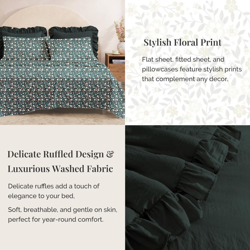 BLOOMHAVEN Queen Comforter Set - 7 Pieces Ruffle Forest Green Bedding Sets, Shabby Chic Farmhouse Bed in a Bag with Ruffle Comforter, Floral Sheets, Pillowcases & Shams - Image 4