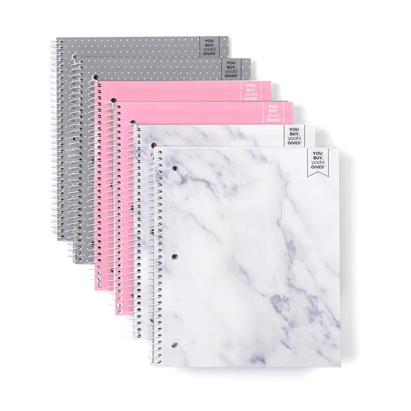 Yoobi College Ruled Spiral Notebook Set â€“ 6-Pack of 1 Subject Notebooks, Pink, Gray & Marble Designs for Kids & Tweens â€“ 150 Perforated 3-Hole Punched Sheets Each â€“ 10.5â€ x 8â€ - Image 1