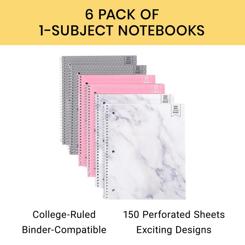 Yoobi College Ruled Spiral Notebook Set â€“ 6-Pack of 1 Subject Notebooks, Pink, Gray & Marble Designs for Kids & Tweens â€“ 150 Perforated 3-Hole Punched Sheets Each â€“ 10.5â€ x 8â€ - Image 2