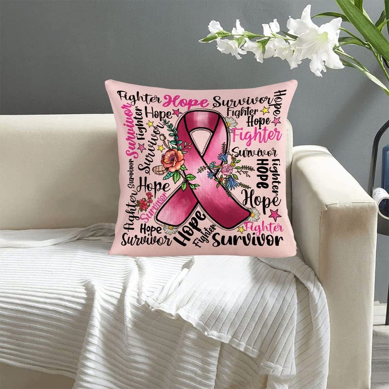 WLWLGLUCK Breast Cancer Awareness Pillowcase Get Well Breast Cancer Pillowcase Sympathy Gift with Positive Energy Pink Ribbon Throw Pillow Cover Cotton Linen Survivor Pillowcase 18 x 18 Inch  No Pillow Insert - Image 2