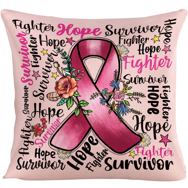 WLWLGLUCK Breast Cancer Awareness Pillowcase Get Well Breast Cancer Pillowcase Sympathy Gift with Positive Energy Pink Ribbon Throw Pillow Cover Cotton Linen Survivor Pillowcase 18 x 18 Inch  No Pillow Insert - Image 1