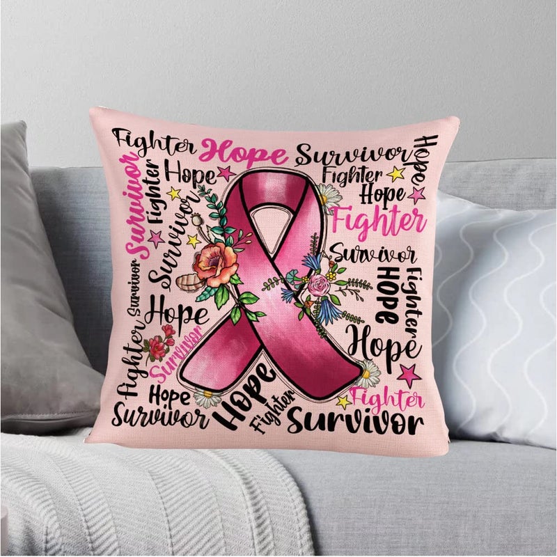 WLWLGLUCK Breast Cancer Awareness Pillowcase Get Well Breast Cancer Pillowcase Sympathy Gift with Positive Energy Pink Ribbon Throw Pillow Cover Cotton Linen Survivor Pillowcase 18 x 18 Inch  No Pillow Insert - Image 3