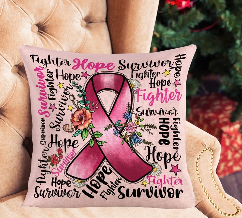 WLWLGLUCK Breast Cancer Awareness Pillowcase Get Well Breast Cancer Pillowcase Sympathy Gift with Positive Energy Pink Ribbon Throw Pillow Cover Cotton Linen Survivor Pillowcase 18 x 18 Inch  No Pillow Insert - Image 4