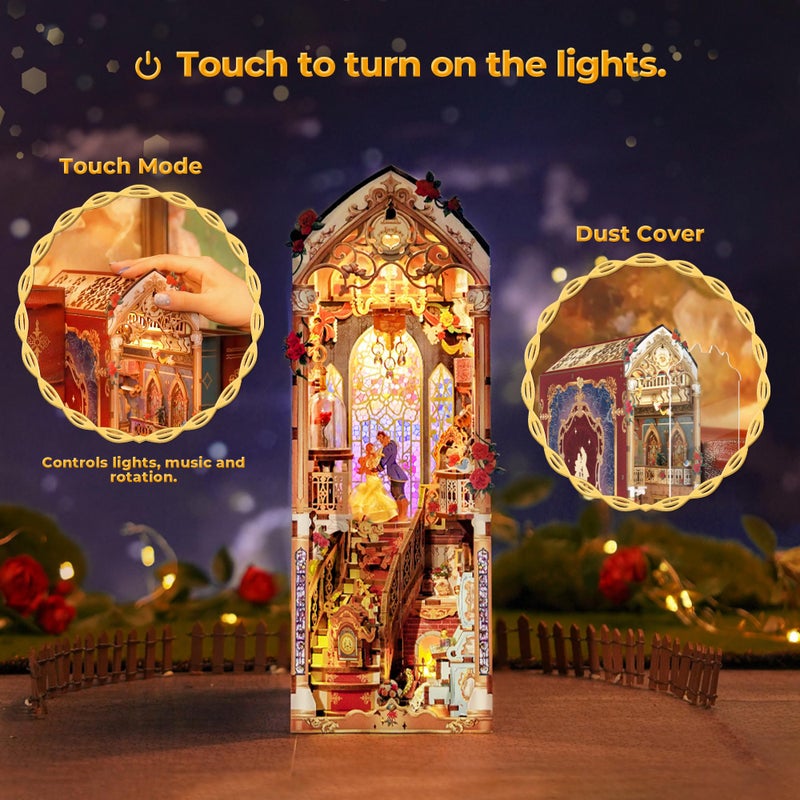 Tonecheer DIY Book Nook Kit for Adults, 3D Wooden Puzzle Music Booknook Miniature Dollhouse, Fairy Tale Bookend Bookshelf Decor with Dust Cover and LED Lights Gifts (Beastâ€Œ and Beauty) - Image 5